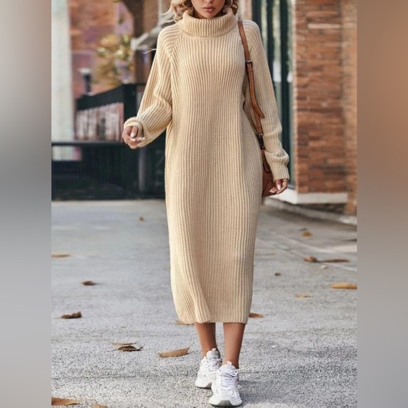 Simple by Suzanne Betro long sleeve tan ribbed turtleneck maxi sweater dress - Picture 1 of 7